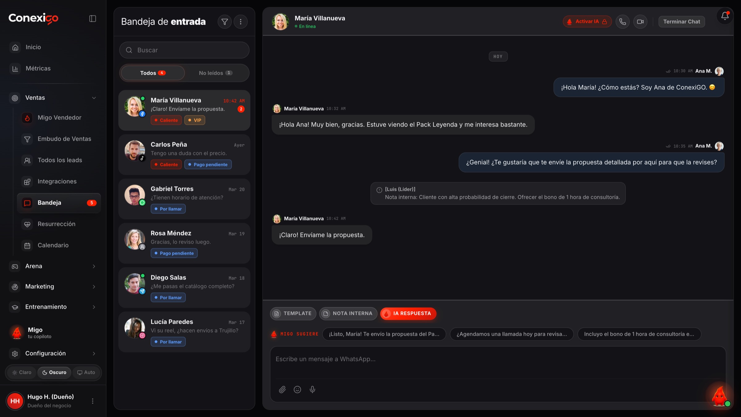 Captura real del CRM de ConexiGO: Mensajes