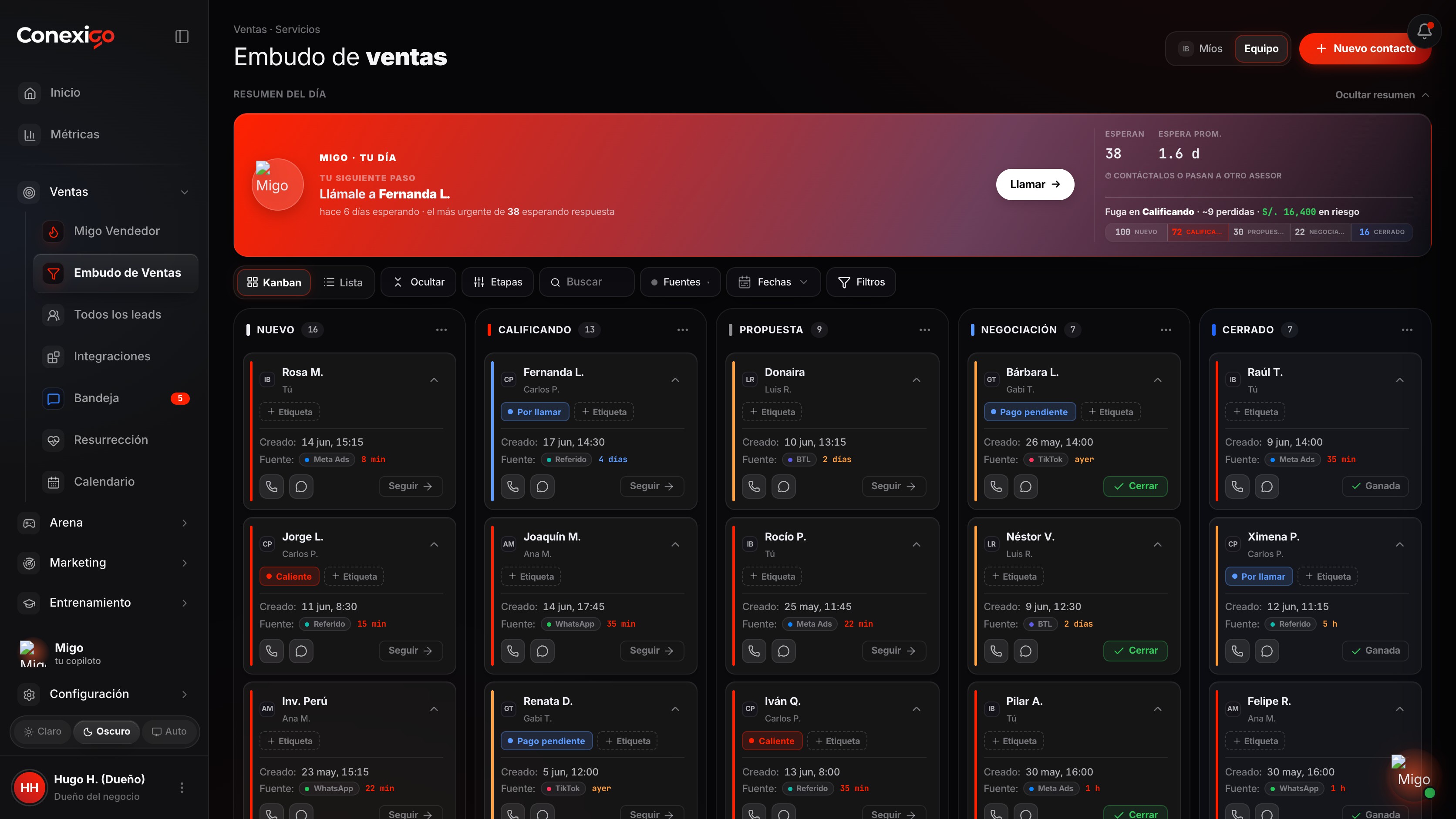 Captura real del CRM de ConexiGO: Embudo kanban
