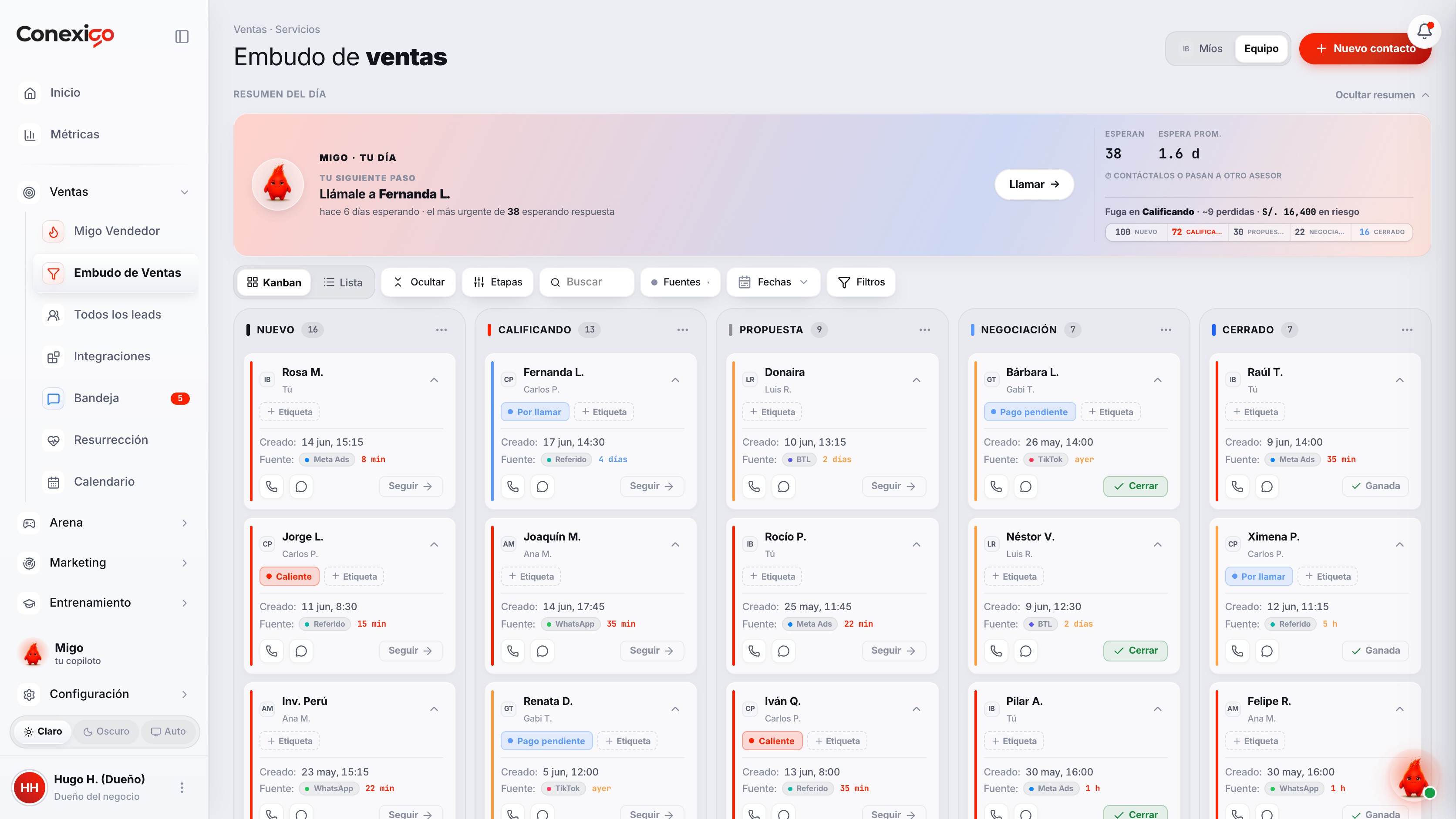 Captura real del CRM de ConexiGO: Embudo kanban