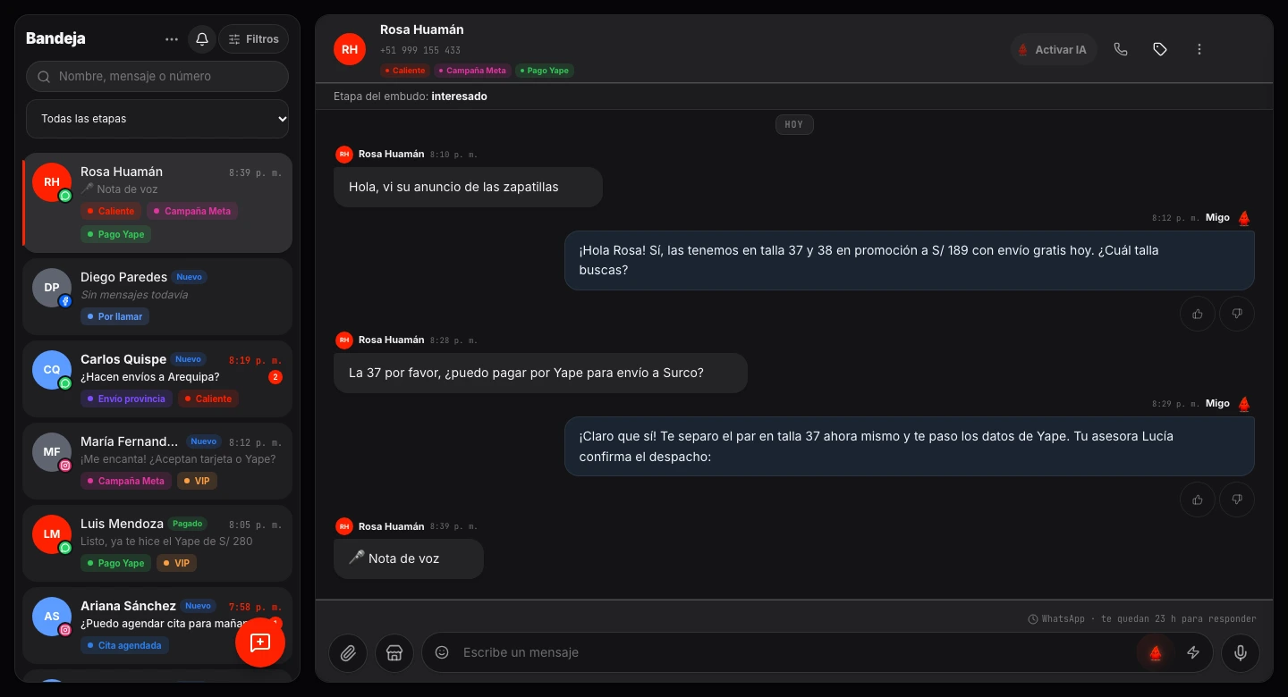 Captura real del CRM de Conexigo: Bandeja multicanal