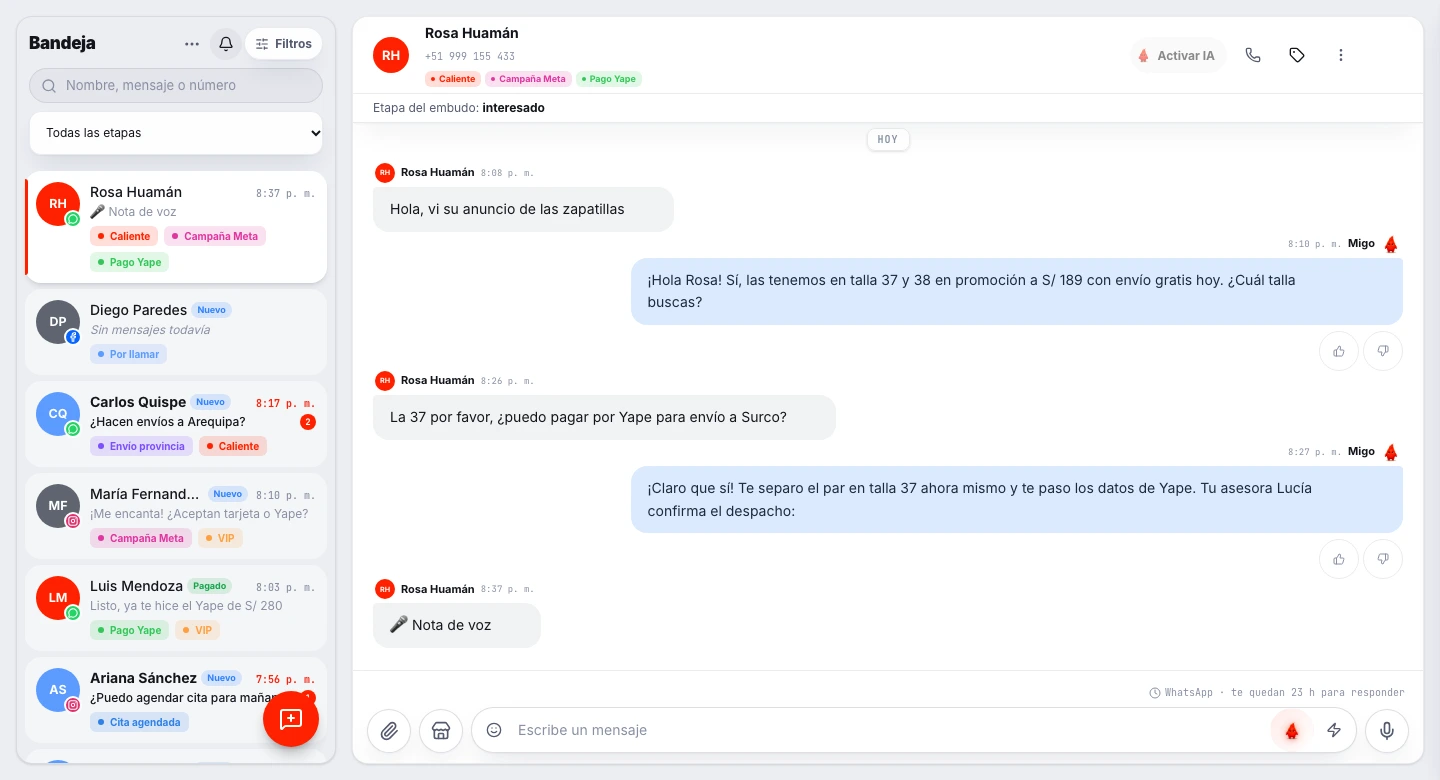 Captura real del CRM de Conexigo: Bandeja multicanal